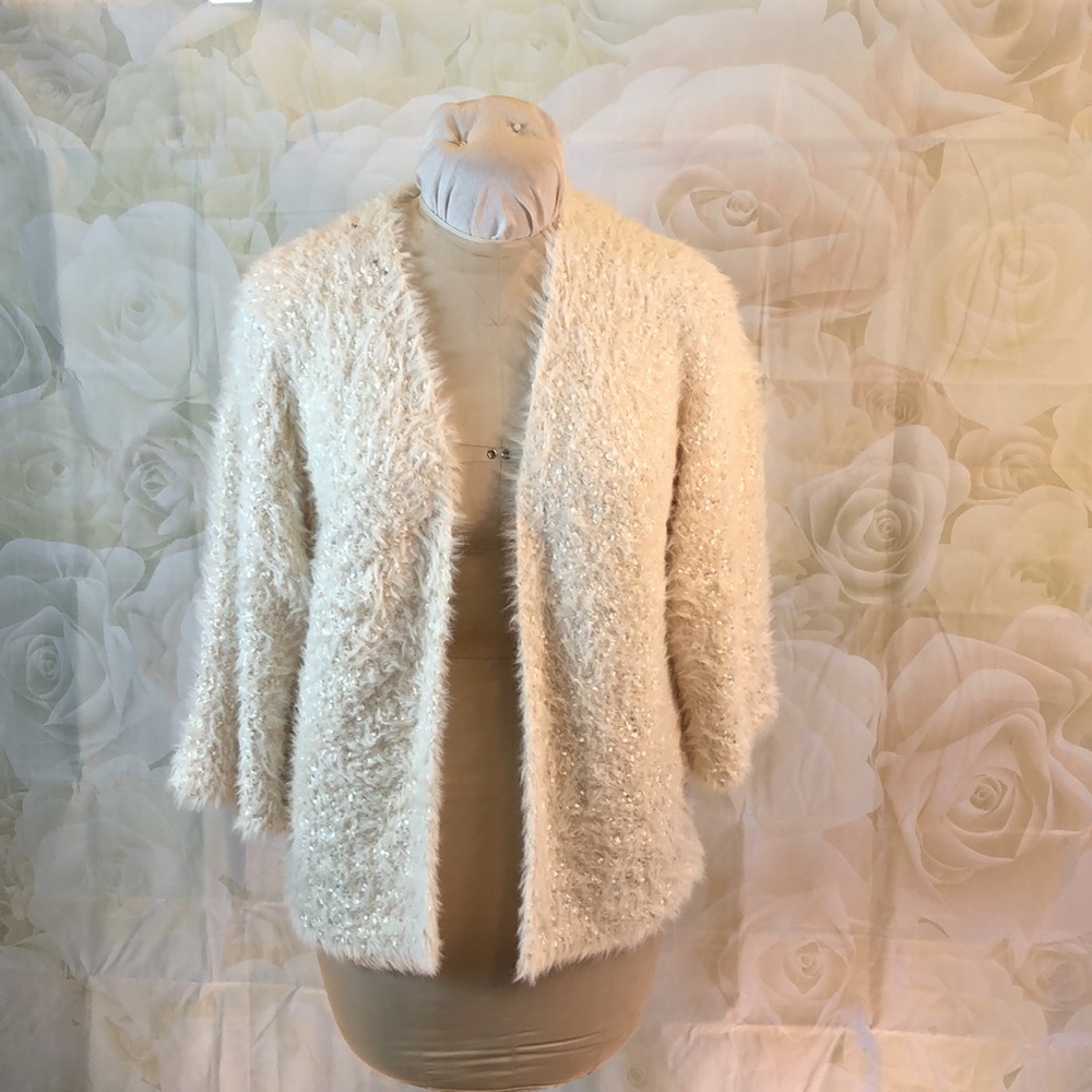Catherine Malandrino Ivory Fuzzy Open Front Cardigan Sweater Small